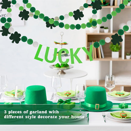 3PCS St Patrick's Day Felt Ball Garlands with Shamrock,Green/Dark Green/White Pom Pom Garland 6.6FT Felt Ball Garland Banner Hanging Decoration,Irish Themed Party Favors for Home Fireplace Mantle