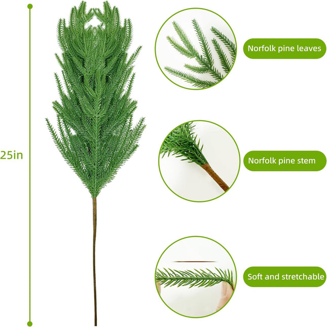 6 Pcs Real Touch Norfolk Pine Branches 25" Artificial Norfolk Pine Stems Christmas Greenery Plants Green Pine Picks Faux Evergreen Branches for Vase DIY Christmas Tree Wreath Garland Home Decorations