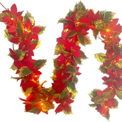 Christmas Poinsettia Garland,6 FT Lighted up Artificial Garlands with Red Flowers,6H/18H Timer Battery Operated Christmas Staircase Garland,Xmas Year Home Decor