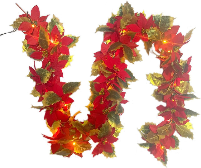 Christmas Poinsettia Garland,6 FT Lighted up Artificial Garlands with Red Flowers,6H/18H Timer Battery Operated Christmas Staircase Garland,Xmas Year Home Decor