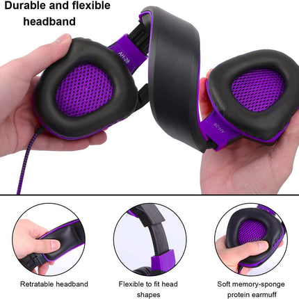 Anivia Computer Over Ear Headphones Wired with Mic Stereo Gaming Headset Noise Isolating Headsets with Volume Control, Bass Surround, Soft Memory Earmuffs for Multi-Platform -AH28plus Black Purple