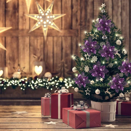 RECUTMS 10 Packs Christmas Glitter Poinsettia Flowers Artificial Christmas Flowers Decorations Wedding Xmas Tree Year Ornaments Xmas Garland Wreath DIY Decorations Supplies(Light Purple)