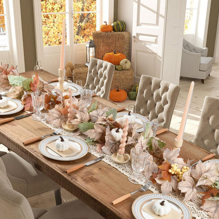 Artiflr 2 Pack Fall Garland Maple Leaf, Hanging Vine Garland Artificial Autumn Foliage Garland with White Pumpkins Thanksgiving Decor for Home Fireplace Party Christmas (White - 2 Pack)