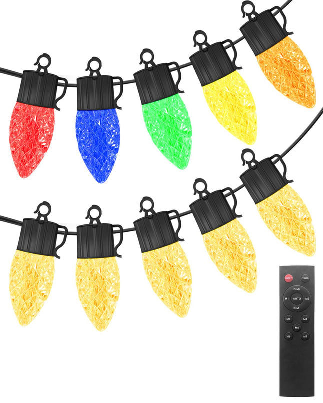 CUBE C9 Christmas Lights Outdoor, 50FT Extendable C9 Outdoor Christmas Lights Warm White&Multicolor with 50 Bulbs, Remote, 8 Modes, Dimming, Waterproof Christmas Lights C9 for Xmas Party Decor