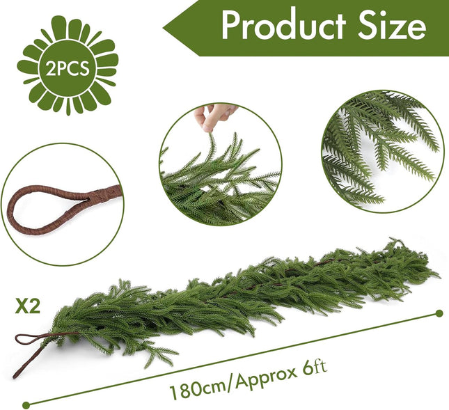 Norfolk Pine Garland Christmas Garland, 6FT Cedar Garland Real Touch Artificial Greenery Garland Christmas Decorations for Mantle, Table, Wall, Indoor, Outdoor, Holiday (2 PCS)