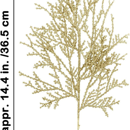 Winlyn 15 Pcs Christmas Artificial Cedar Sprays Champagne Glittered Faux Cedar Branches Stems Christmas Tree Ornament Picks 14.4" for Christmas Tree Wreath Wedding Bouquet Holiday Centerpiece