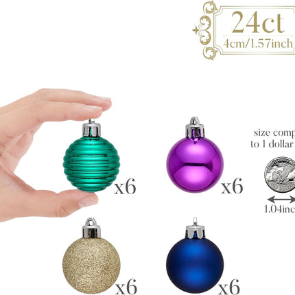 Valery Madelyn 1.57 Inches Small Christmas Tree Decorations Ornament Set for Fall Halloween, 24ct Peacock Purple Blue Shatterproof Christmas Ball Ornaments Bulk, Hanging Decor for Xmas Holiday Party