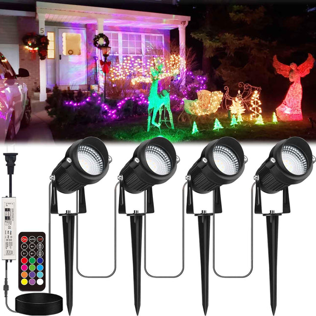 24W Christmas Halloween Spotlight, RGB Color Changing Landscape Lighting with 12 Colors 19 Modes, 120V Waterproof Spotlight with Remote, Outdoor LED Spot Lights for Yard House Garden Tree Décor 4 Pack