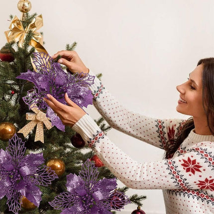 RECUTMS 10 Packs Christmas Glitter Poinsettia Flowers Artificial Christmas Flowers Decorations Wedding Xmas Tree Year Ornaments Xmas Garland Wreath DIY Decorations Supplies(Light Purple)