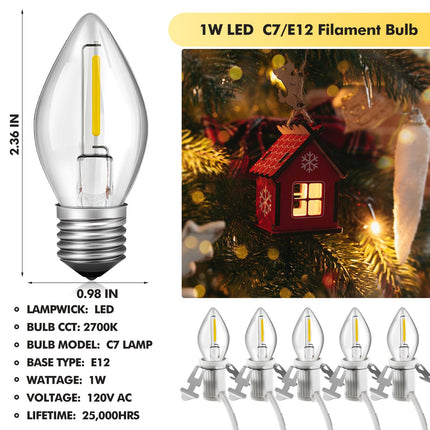 Christmas Accessory Cord with 5 LED Light Bulbs, 11.5 Feet White C7 Lamp, On/Off Switch Plug, Spare Fuses, Female/Male Plugs, Blow Mold Light for Village House Craft Decorations(1 Pack)