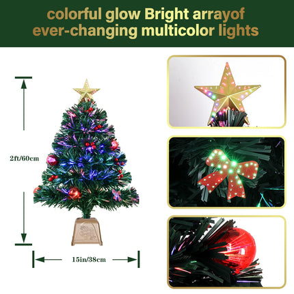24inch Green Fiber Optic Christmas Tree,Prelit Artificial Tabletop Christmas Tree,Star,Butterfly and Ball Ornaments for Best Holiday Home Decorations,2 Foot