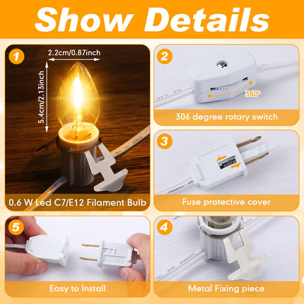 Coume Set of 3 Christmas Village Lights Accessory Cord with 6 LED C7 Bulb Light Cord for Village Houses with Switch Socket Lamp Cord Replacement Christmas Village Accessories Craft Projects 11.5 Feet
