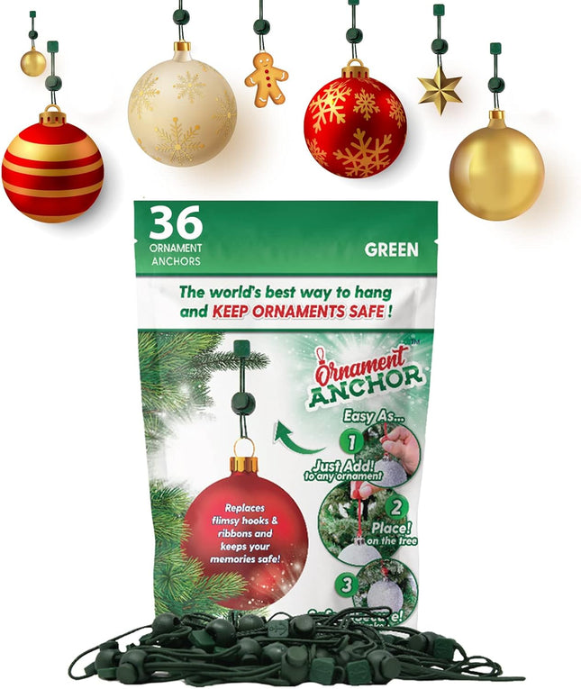 ORNAMENT ANCHOR Ornament Hooks for Hanging Christmas Decorations - No-Slip Hanging Hooks for Xmas - Heavy Duty Christmas Tree Ornaments Hanger Hooks for Small & Large Ornaments (Green, 36 Count)