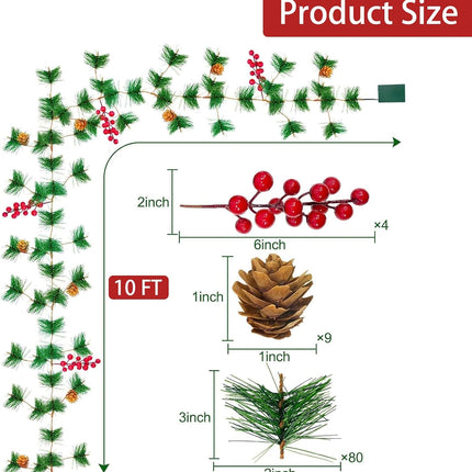 10Ft 30 LED Prelit Christmas Garland with Lights Timer, Garlands for Decoration Christmas Battery Operated Pine Cones Red Berries Lighted Garland for Mantle Home Indoor Xmas Decor, Warm White
