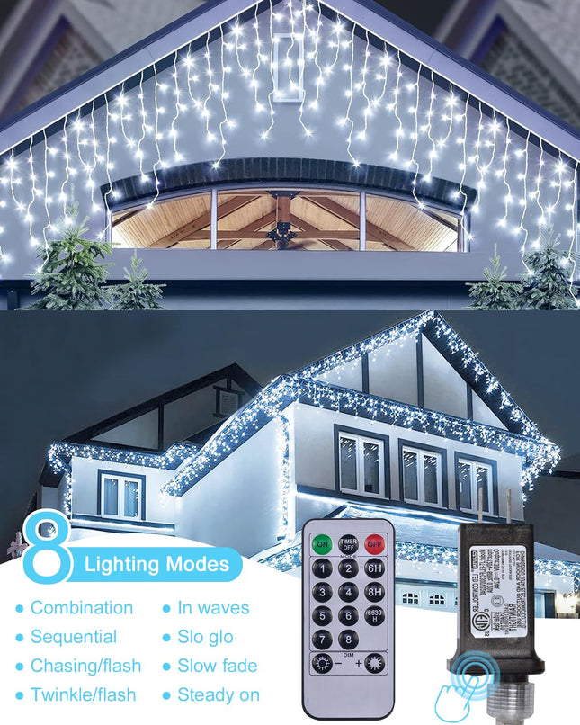 Icicle Christmas Lights Outdoor, 66ft 520 LED Icicle Lights for Outside, Plug in String Lights with 8 Modes Timer Waterproof for House Holiday Decor Wedding Christmas Decorations (White)