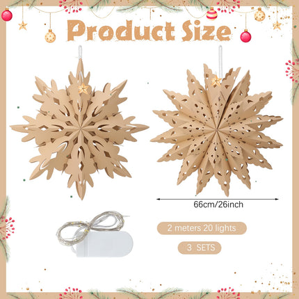 Riakrum 3 Pcs 26 Inch Christmas Snowflake Star Paper Lantern with 3 LED Light Paper Hanging Lamp Party Supplies Hanging Decoration for Xmas Year Winter Weddings Birthday Holiday Party Decoration