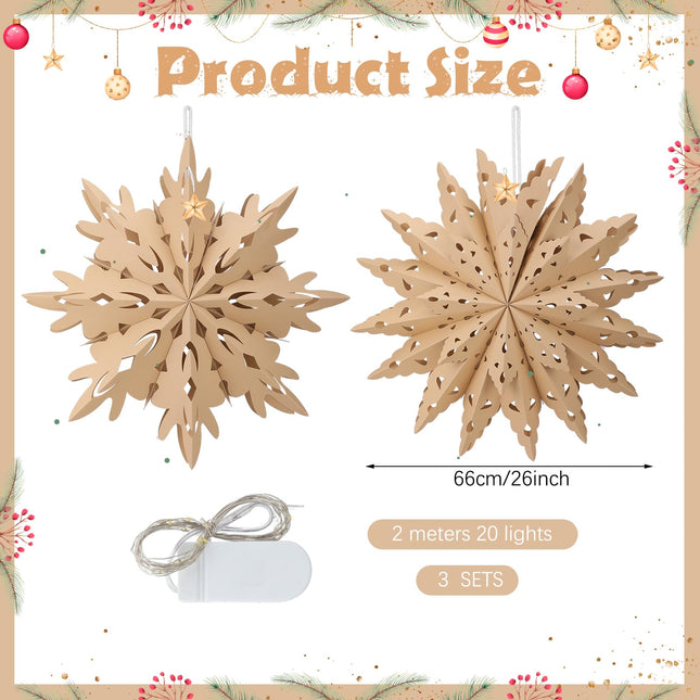 Riakrum 3 Pcs 26 Inch Christmas Snowflake Star Paper Lantern with 3 LED Light Paper Hanging Lamp Party Supplies Hanging Decoration for Xmas Year Winter Weddings Birthday Holiday Party Decoration
