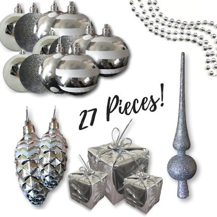 Christmas Tree Ornaments - Set of 27 - Assorted Styles and Shapes - Xmas Holiday Balls, Silver Presents, Shiny Pine Cones with White Glitter and a Tree Topper 1.5" to 3.5"
