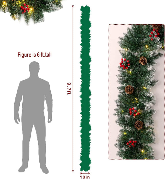 9FT Artificial Christmas Garland Pre-Lit with 50 LED Lights, Battery Powered, Decorated with Snowflakes, Pine Cones, Red Berries, Needle for Mantle Stairs, Indoor Outdoor Decorations