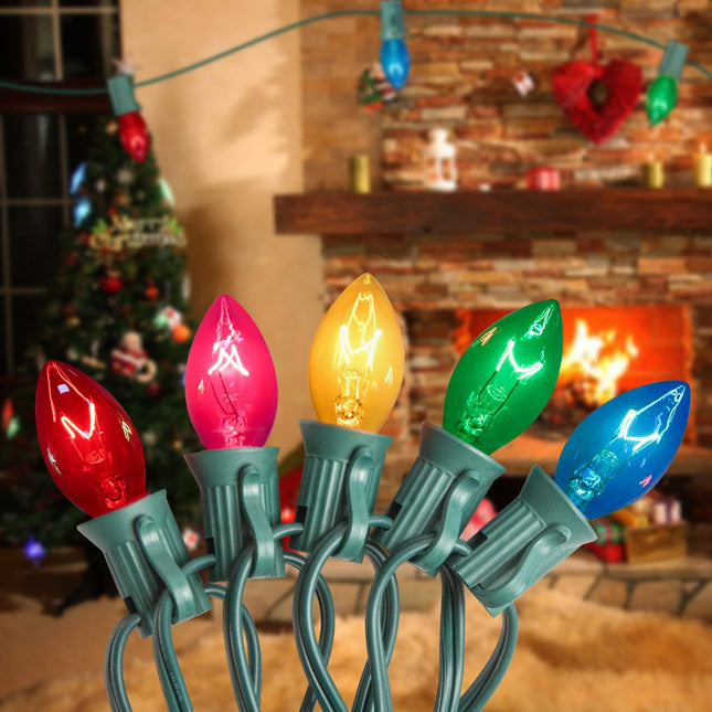C7 Multicolor Christmas Lights Vintage Christmas Tree Lights Indoor Outdoor, 25 Feet Clear Colorful Christmas Lights with 25Pcs E12 Base Bulbs For Christmas Decorations for Home Yard Porch Stair