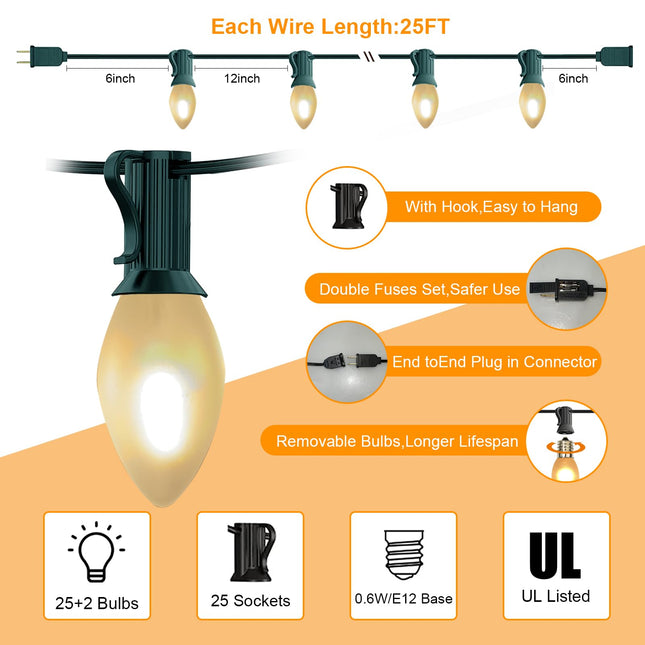 C7 LED Christmas Lights,25ft Frosted Christmas String Lights with 27 LED Frosted White Bulbs,Vintage Warm White Hanging Light for Outdoor Christmas Roofline Party Decorations