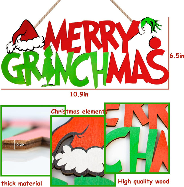 Grinch Christmas Decorations Merry Grinchmas Wooden Door Hanging Sign for Outdoor Indoor Wall Tree Ornaments Xmas Holiday Party Supplies