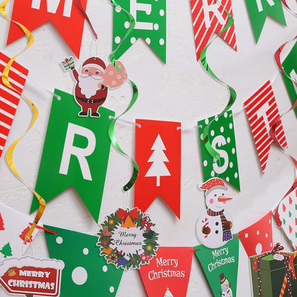 Merry Christmas Party Decorations Banner - Red Green Merry Christmas Banner, Pennant Flags Garland And Hanging Swirls for Christmas Party Decoration, Christmas Home Office Background Decor (MCB)