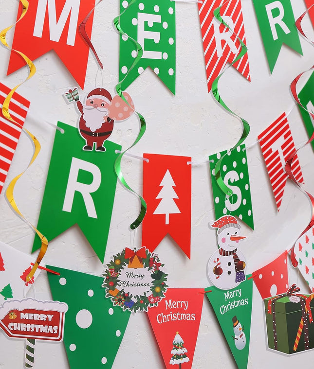 Merry Christmas Party Decorations Banner - Red Green Merry Christmas Banner, Pennant Flags Garland And Hanging Swirls for Christmas Party Decoration, Christmas Home Office Background Decor (MCB)