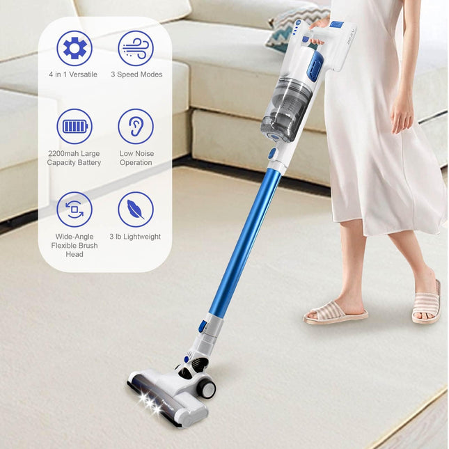 Cordless Vacuum Cleaner, Stick Vacuum Cleaner, Handheld Vacuum Cleaner, 60 Min Long Runtime Lightweight Stick Vacuum With Crevice Tool, Dusting Brush For Home, Carpet, Hardwood Floor Blue
