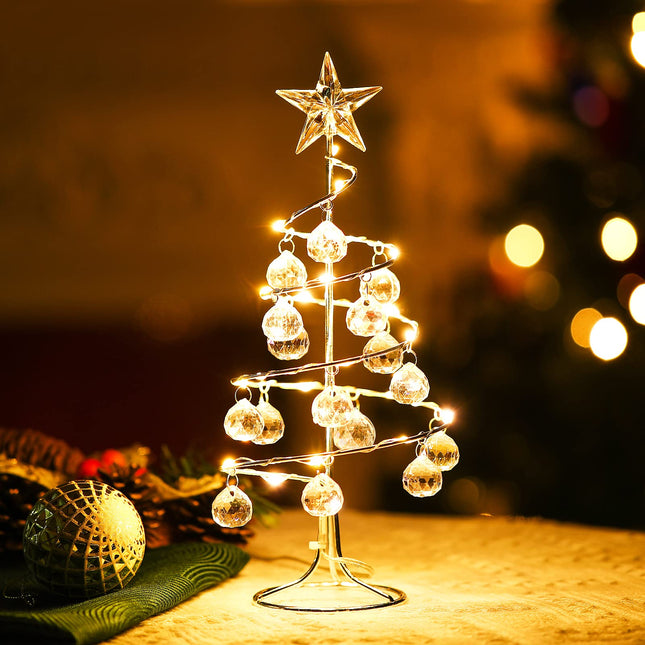 Shinowa Christmas Tree Lamp, Crystal Spiral Christmas Tree with Glittering Star, 10 Inch Battery Operated Silver Christmas Tree Light with Metal Stand for Christmas Table Decoration, Silver
