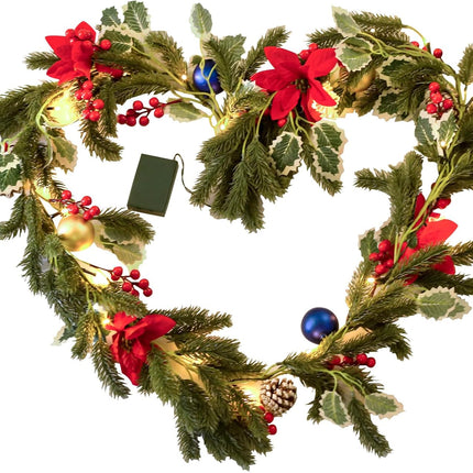 Christmas Garland with Lights, Rodelna Forest Pine Garland with Holly Flocked Pinecones Poinsettias, Pre-lit 6 Feet LED Snowflake Battery Operated for Fireplaces, Chandeliers, Wall, Stairs Railing