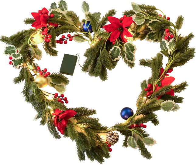 Christmas Garland with Lights, Rodelna Forest Pine Garland with Holly Flocked Pinecones Poinsettias, Pre-lit 6 Feet LED Snowflake Battery Operated for Fireplaces, Chandeliers, Wall, Stairs Railing