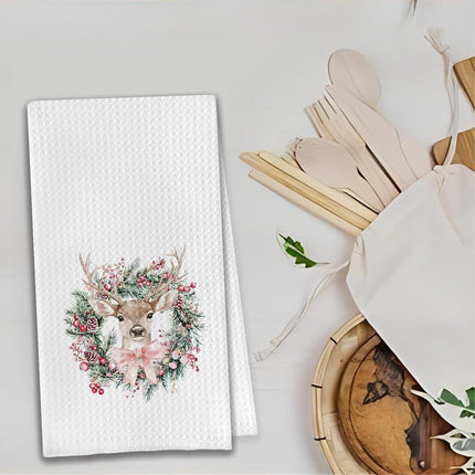 Christmas Wreath Kitchen Towels, Christmas Pink Bow Reindeer Decorative Hand Towels for Bathroom, Christmas Dish Towels Tea Towels for Kitchen, Christmas Kitchen Bathroom Decor, 16x24 Inches