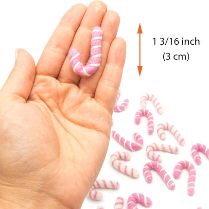 Glaciart One Mini Felt Candy Cane Decoration (Pink/White) - 1.18" (3cm) - Set of 20 - DIY Garland, Arts Crafts Supplies, Cute Home Decor for Christmas - Hand-Felted Natural Wool Material