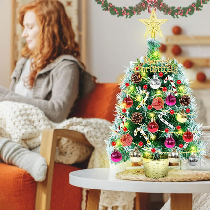 Mini Tabletop Christmas Tree with Lights 20" Small Prelit Artificial Desktop Christmas Tree Snow Flocked Pine Tree wiith Xmas Ball Ornaments