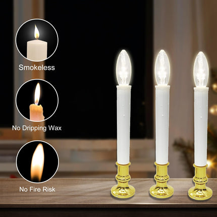 4 Pack Christmas Window Candles Lights, Battery Operated Window Candles with Timer, Flameless LED Christmas Candles with C26 3V LED Bulbs for Dining Table Window Xmas Decor, Gold Base