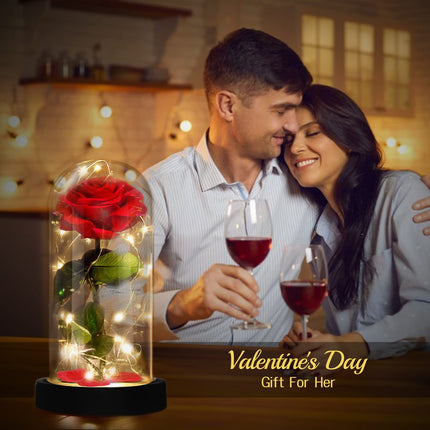 Enchanted Red Silk Rose,Beauty and the Beast Rose with Fallen Petals in A Light Dome,Home/Office or Home Decorations, Anniversary, Valentine's Day Christmas