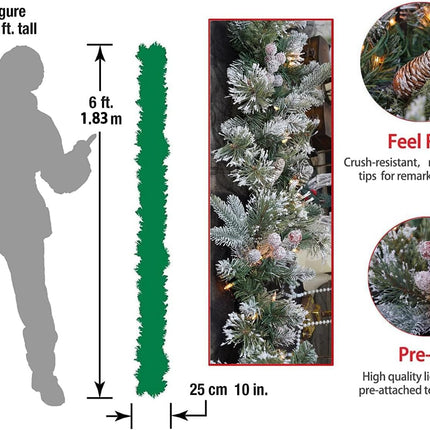 Pre-Lit Artificial Christmas Garland, Snowy Garland, White Lights 50, Decorated with Pine Cones, Berry Clusters,Pine Needle,Plug in, Christmas Decorations, 6 Feet