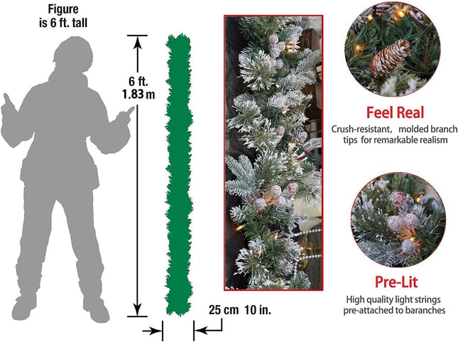 Pre-Lit Artificial Christmas Garland, Snowy Garland, White Lights 50, Decorated with Pine Cones, Berry Clusters,Pine Needle,Plug in, Christmas Decorations, 6 Feet