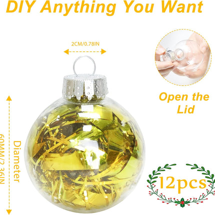 12Pcs 60mm Clear Plastic Christmas Ball Ornaments 2.36'' Round Clear Plastic Fillable Bulb DIY Craft Ornaments Shatterproof Xmas Tree Hanging Balls for Holiday, Wedding, Birthday, Christmas Wreath