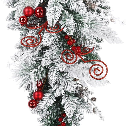 SHACOS 30" Flocked Christmas Teardrop Swag Artificial Snow Pine Spruce Cedar Decorative Swag Red Berries Christmas Balls Pine Cones Swag for Front Door Window Wall Stairs Xmas Decor