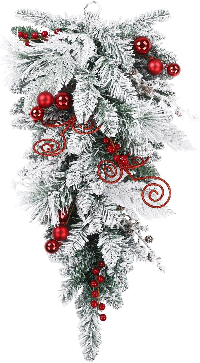 SHACOS 30" Flocked Christmas Teardrop Swag Artificial Snow Pine Spruce Cedar Decorative Swag Red Berries Christmas Balls Pine Cones Swag for Front Door Window Wall Stairs Xmas Decor