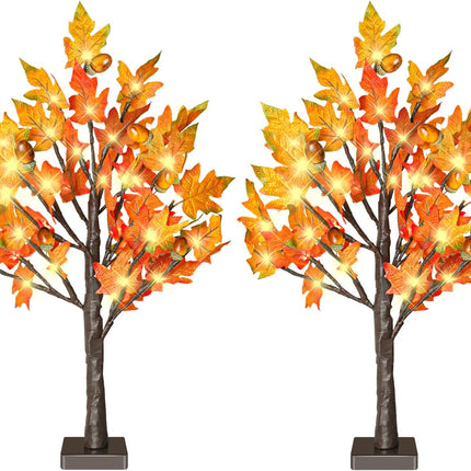 2 Pack 24 Inch Fall Lighted Maple Tree with 36 LEDs, 6 Acorns, Timer Battery Operated, 2Ft Thanksgiving Decorations Table Lights Tree for Autumn Wedding Party Indoor Outdoor Harvest Home