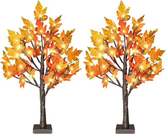 2 Pack 24 Inch Fall Lighted Maple Tree with 36 LEDs, 6 Acorns, Timer Battery Operated, 2Ft Thanksgiving Decorations Table Lights Tree for Autumn Wedding Party Indoor Outdoor Harvest Home