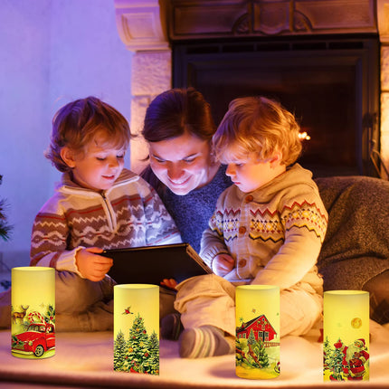 4 Pieces Christmas Flameless Candles Snowman Santa LED Pillar Candles Red Truck Reindeer Christmas Decal Battery Operated Candles White Warm Light for Xmas Tree Winter Holiday Party Decoration