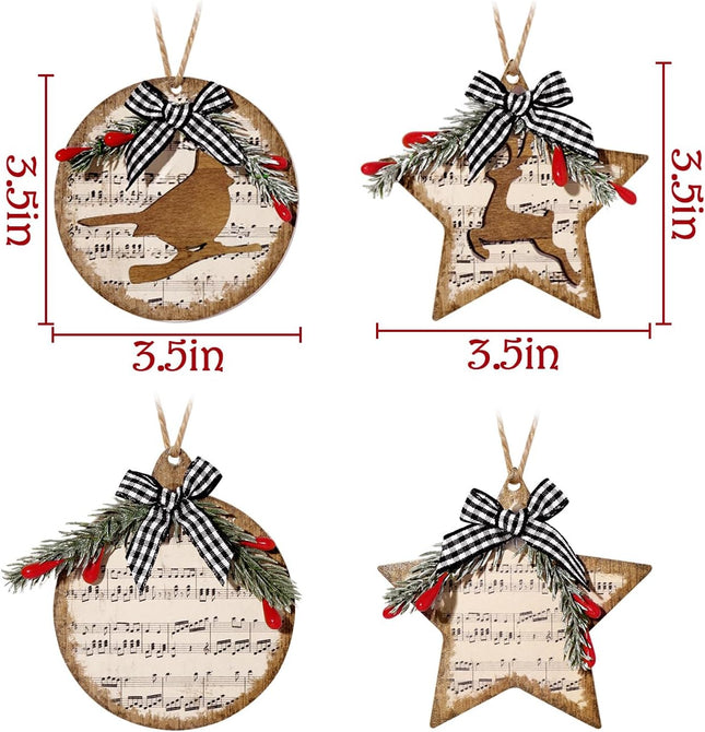 Christmas Decorations Indoor Rustic Ornaments: 12pcs Wood Christmas Hymn Tree Ornaments with Buffalo Plaid Bow Cardinal Reindeer, Vintage Xmas Religious Carol Hanging Decor for Tree Home Office