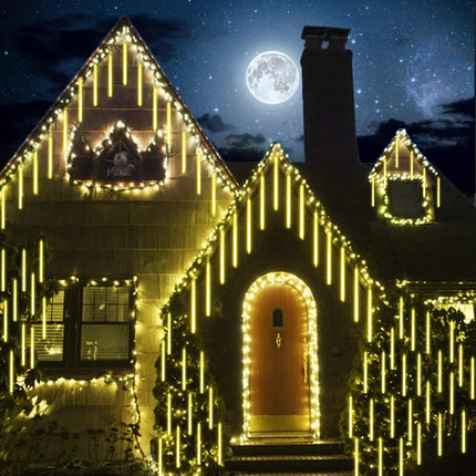 Christmas Lights Outdoor, 288 LED 8 Tube 12 Inch Meteor Shower Rain Lights, Plug in Falling Icicle Lights Christmas Decoration for Xmas Tree Yard House Décor (Warm White)