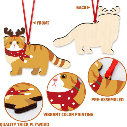 12pcs Christmas Cat Ornaments Wooden Kitty Hanging Ornaments with Christmas Hat and Scarf for Christmas Tree Winter Home Decor Cat Themed for Cat Lovers