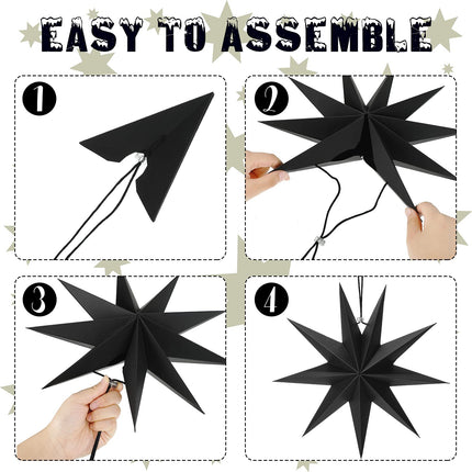3 Pcs 9-Pointed Paper Star Lanterns 12 Inch Hanging Lampshade Paper Star Pendant Charm Star Shape for Christmas Holiday, Weddings, Birthday Party Celebration Decor (Black)