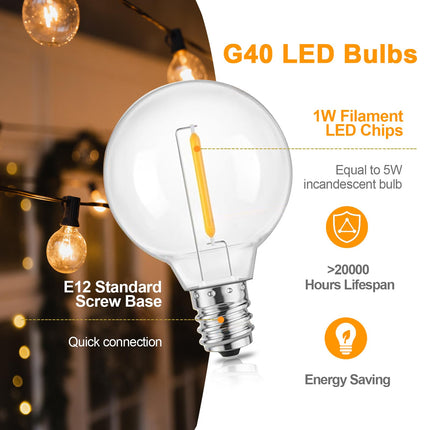 Outdoor String Lights, LED Patio Hanging Lights with Waterproof G40 Globe Plastic Bulbs for Outside Backyard Porch Garden Cafe Decor (25ft - 14 LED Bulbs)